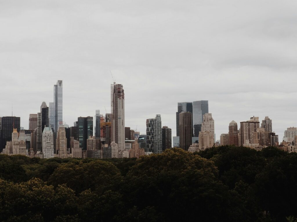 Muted grey skyline of Manhattan seen over the autumn trees of Central Park